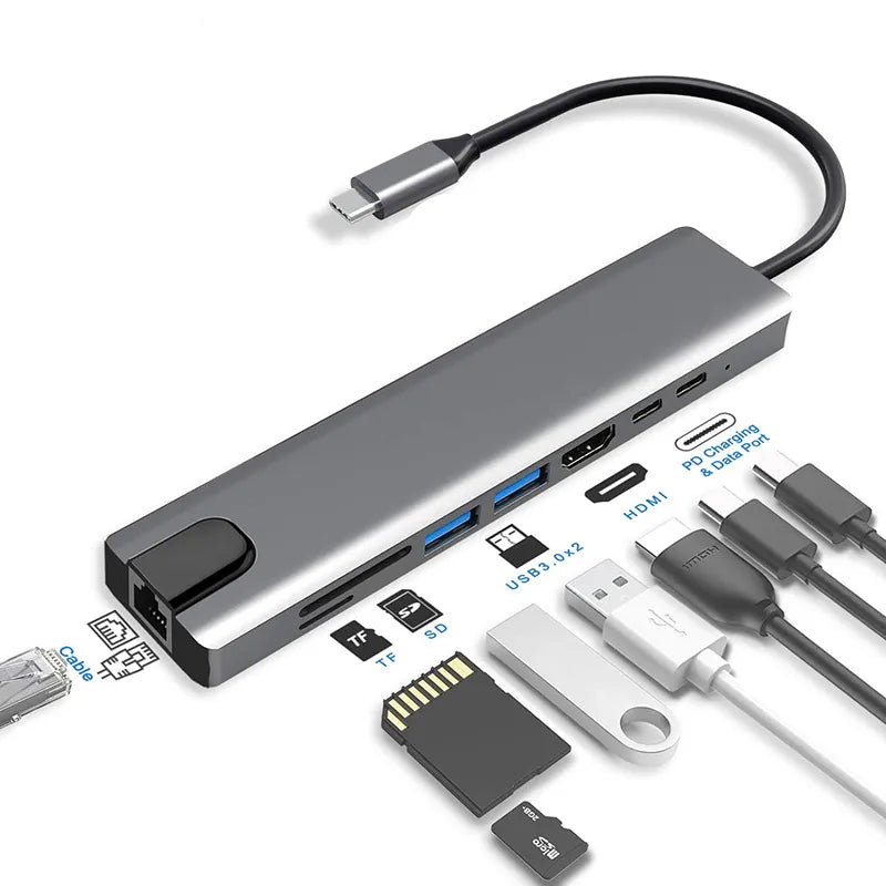 Usb3.0 8 Port Usb 3.1 Type c Hub 8 in 1 Usb Hub Multi Function Adapter for MacBook Pro and Type C Windows Laptops