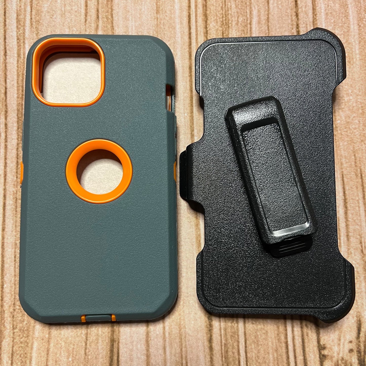 CHARCOAL GRAY & ORANGE IPHONE 15 OTTER BOX CASE