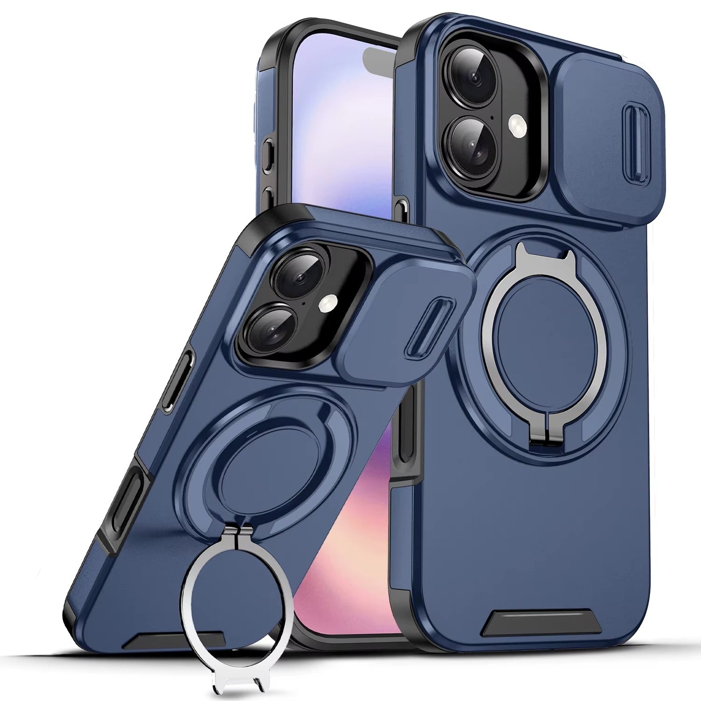BLUE Heavy Duty Slide Camera Cover Magnetic Stand Cell Phone Cover Case