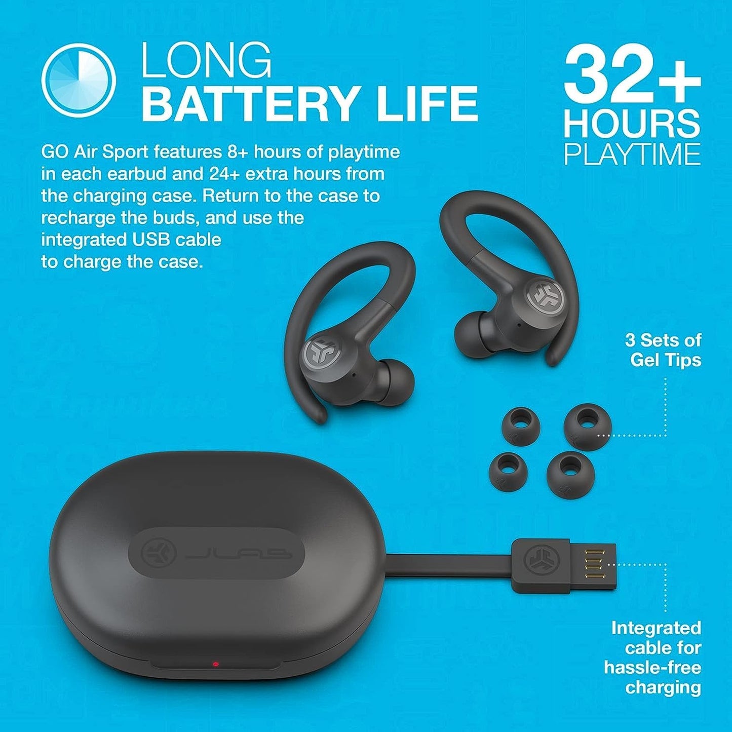 JLab Go Air Sport, Wireless Workout Earbuds Featuring C3 Clear Calling, Secure Earhook Sport Design, 32+ Hour Bluetooth Playtime, and 3 EQ Sound Settings, Graphite/Black