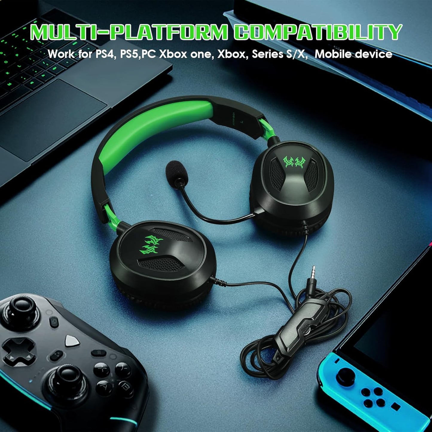 UHM Gaming Headset Wired With Mic for PS5, PS4, Switch, Xbox Series X|S, Xbox One, Mobile & PC with 3.5mm, 40mm Speakers, Green