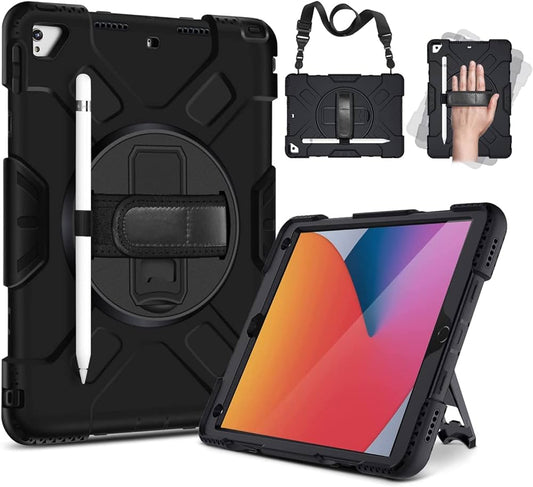 Rugged 3 Layer Armor case Cover for Apple iPad with Hand Grip, Pencil Holder and Rotating Kickstand, Black