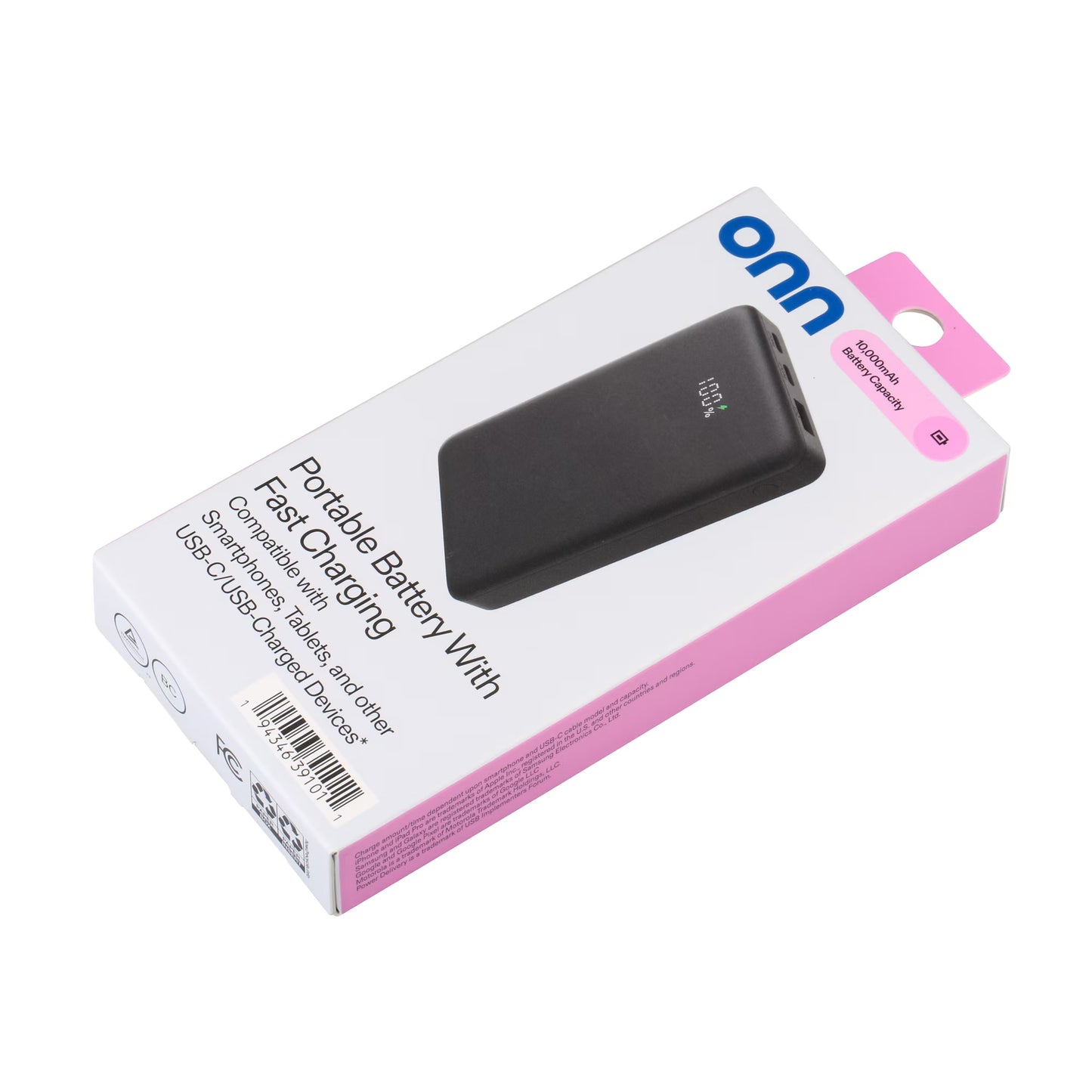 onn 10,000 mAh Portable Power Bank with Fast Charging Output (20W), Dual USB-C ports, USB port, LED Digital Display, Black - Compatible with iPhone, iPad, AirPods, Samsung Galaxy, Note, Pixel & More