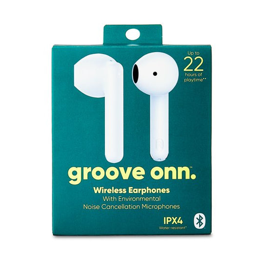 onn Bluetooth Wireless Earphones with Environmental Noise Canceling Microphones and Charging Case, White