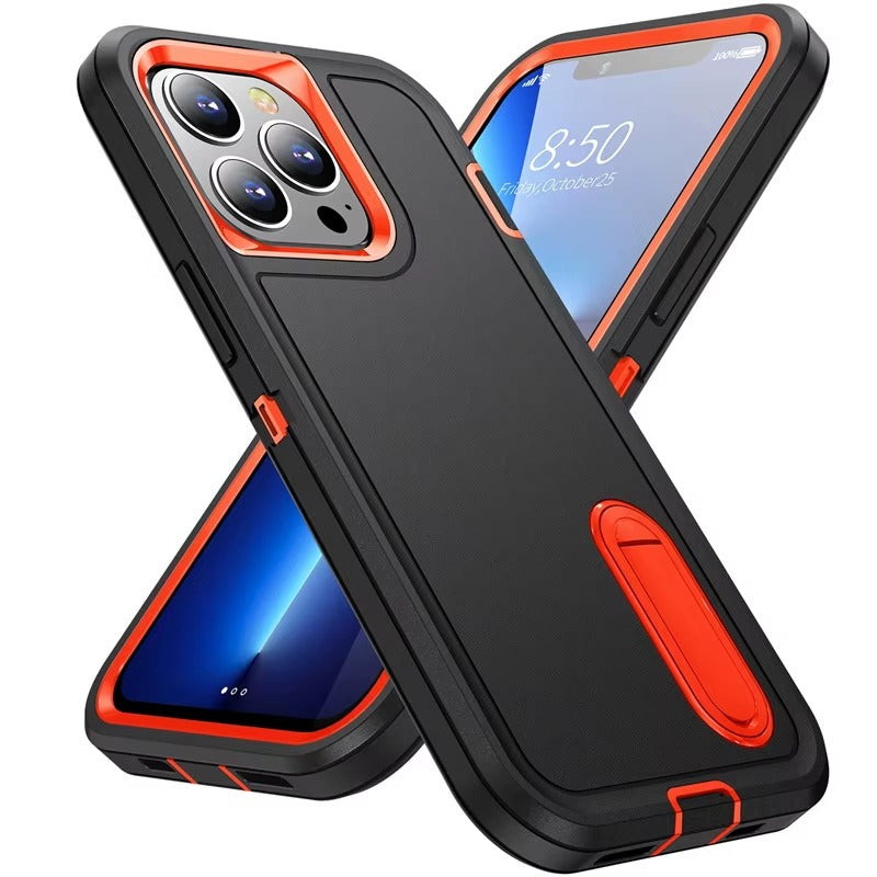 BLACK & ORANGE 3 PIECE HEAVY DUTY IPHONE CASE WITH KICKSTAND