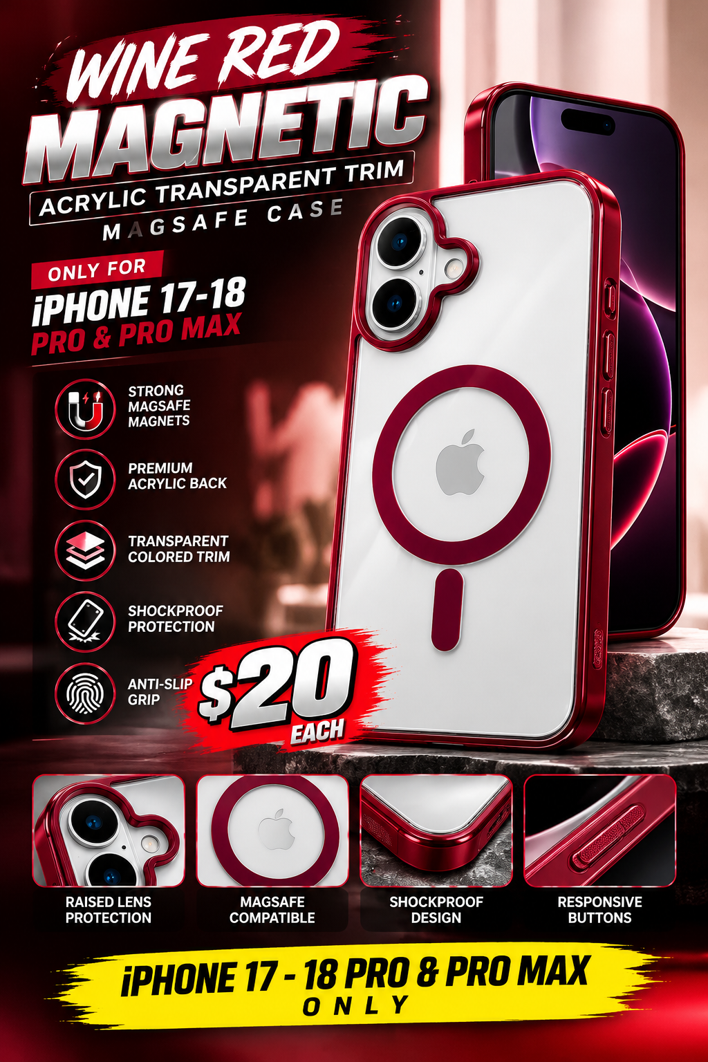 Wine Red Magnetic Acrylic Transparent Colored Trim MagSafe Case